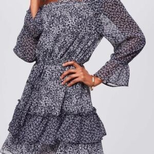 Ditsy Floral Blue and White Peasant Tiered Ruffle Off the Shoulder Mini Dress